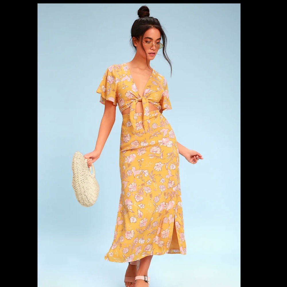 Bohemian Rhapsody Yellow Floral Print Tie-Front Maxi Dress NWOT